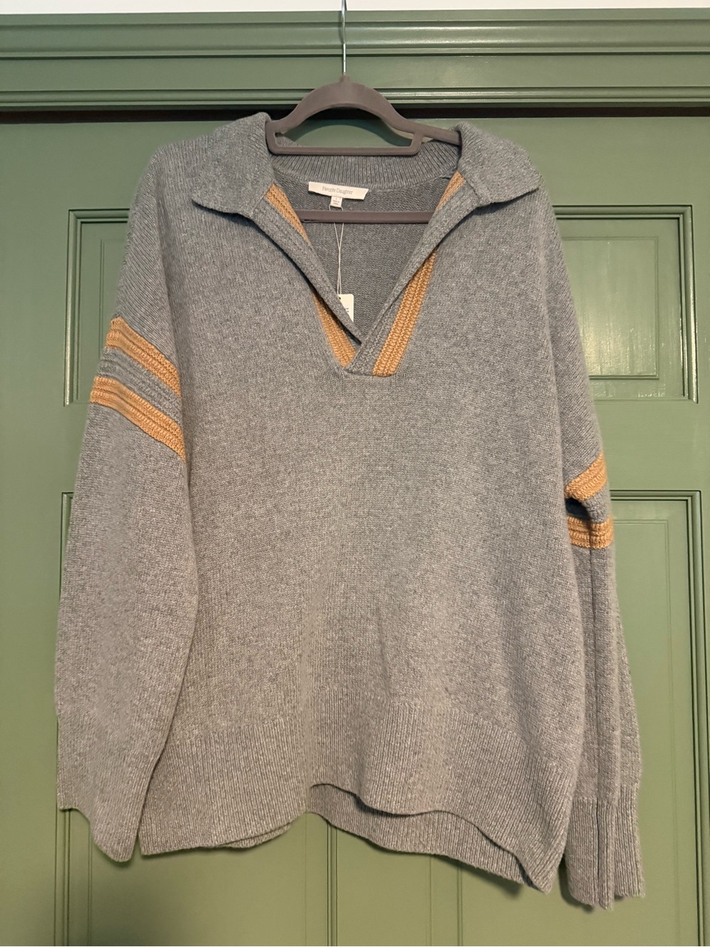 Favorite Daughter Grey V-Neck Sweater with Tan Stripe Accents - Picture 1 of 6